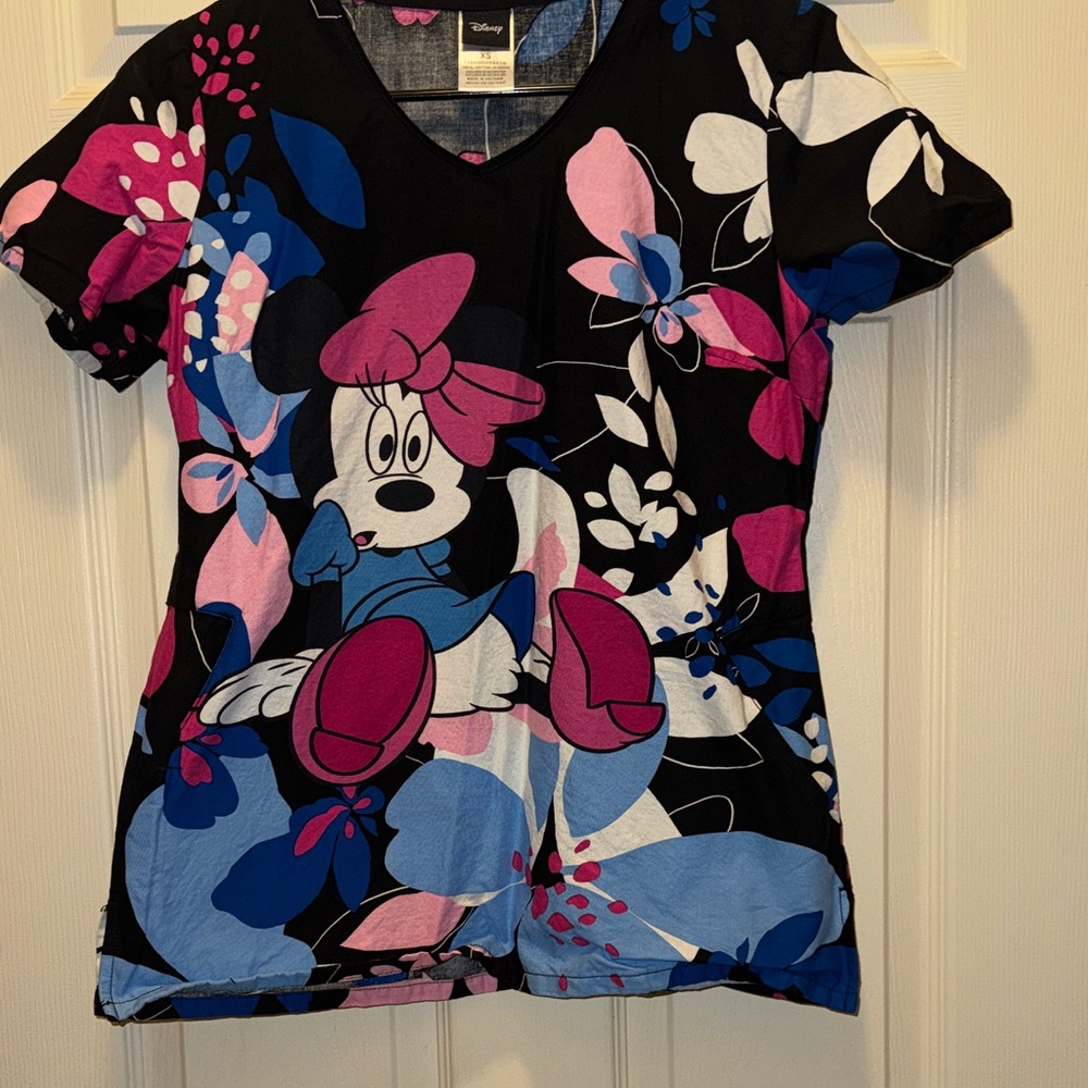 Disney Women's Minnie Mouse Scrub top Floral Tee - Black, Pink, Blue